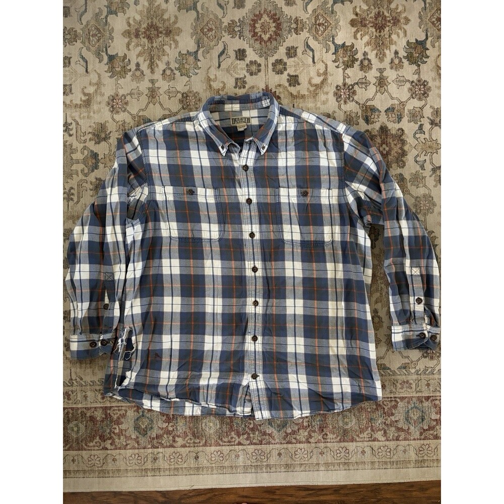 Duluth Trading Co Shirt Mens 2XLT Blue Orange Plaid Flannel Long Sleeve